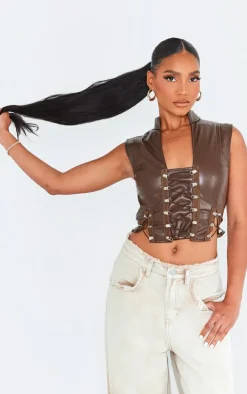 PrettyLittleThing Sleeveless Tops*Faux Leather Lace Up Sleeveless Crop Top