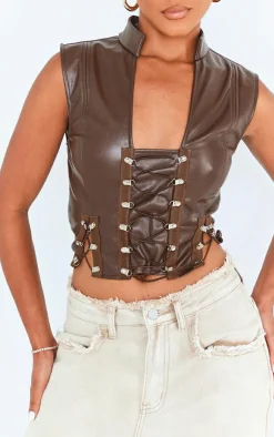 PrettyLittleThing Sleeveless Tops*Faux Leather Lace Up Sleeveless Crop Top