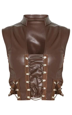 PrettyLittleThing Sleeveless Tops*Faux Leather Lace Up Sleeveless Crop Top
