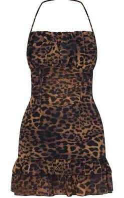 Leopard Print Woven Halterneck Frill Hem Bodycon Dress-PrettyLittleThing Hot