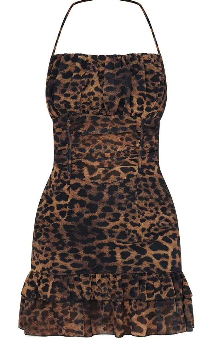 Leopard Print Woven Halterneck Frill Hem Bodycon Dress-PrettyLittleThing Hot