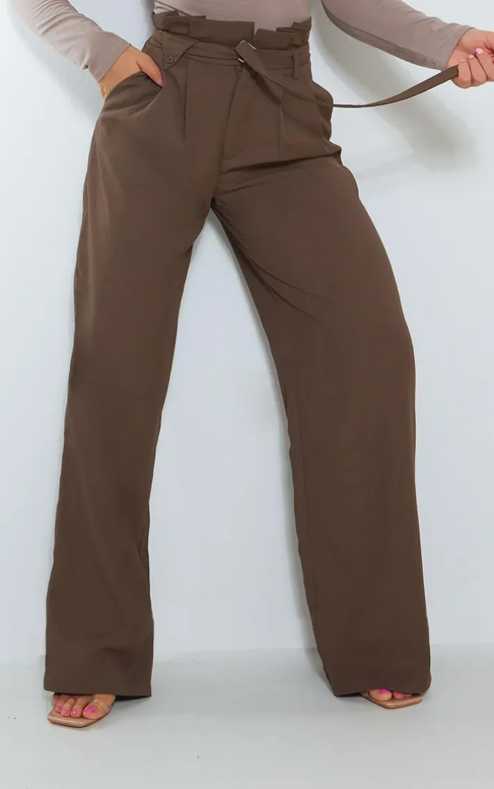 Dark Brown Paperbag Woven Wide Leg Pants