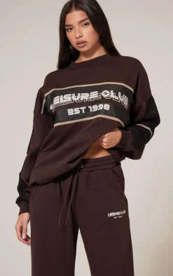 Hot PrettyLittleThing Print Embroidered Leisure Club Sweatshirt Dark Brown
