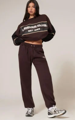 Hot PrettyLittleThing Print Embroidered Leisure Club Sweatshirt Dark Brown