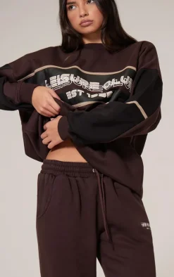 Hot PrettyLittleThing Print Embroidered Leisure Club Sweatshirt Dark Brown
