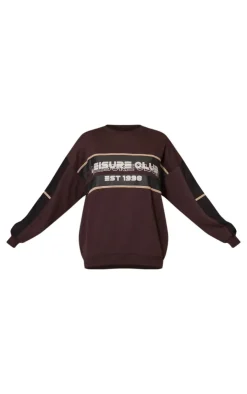 Hot PrettyLittleThing Print Embroidered Leisure Club Sweatshirt Dark Brown