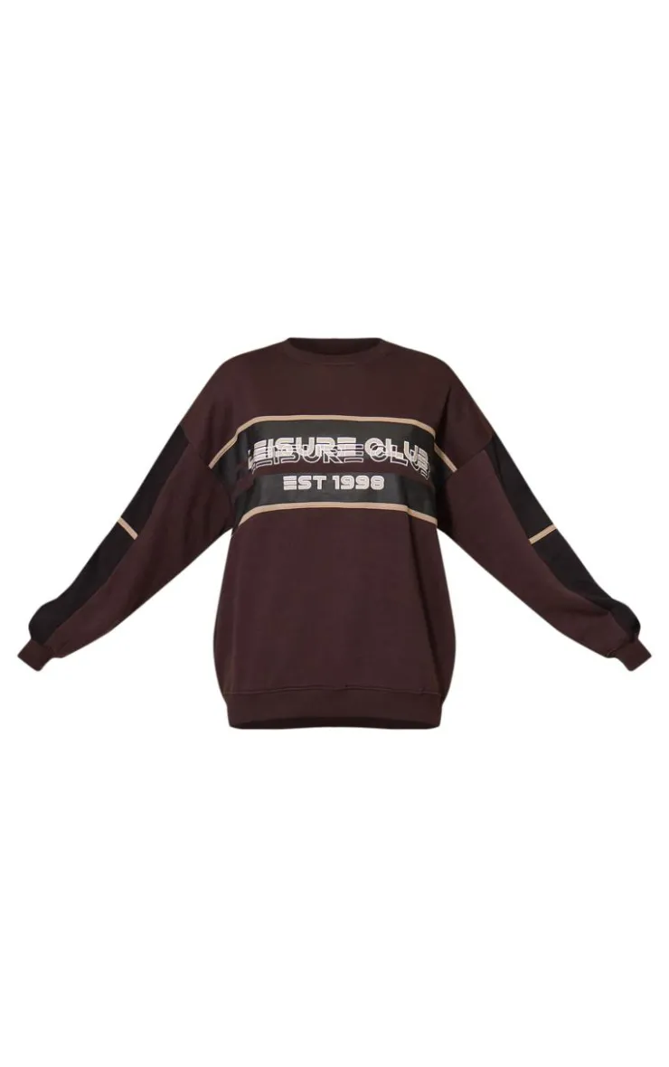 Hot PrettyLittleThing Print Embroidered Leisure Club Sweatshirt Dark Brown
