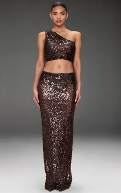 PrettyLittleThing Sequin Mesh Maxi Skirt Dark Brown