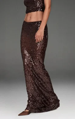 PrettyLittleThing Sequin Mesh Maxi Skirt Dark Brown