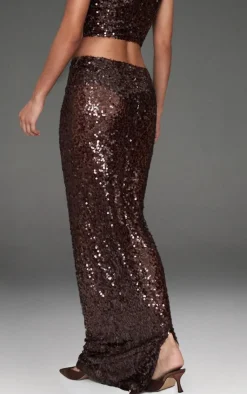PrettyLittleThing Sequin Mesh Maxi Skirt Dark Brown