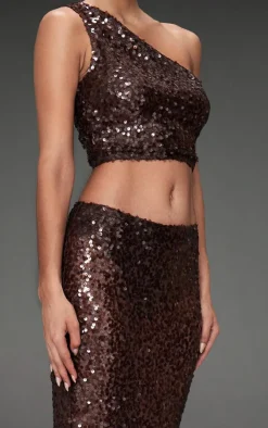 PrettyLittleThing Sequin Mesh Maxi Skirt Dark Brown