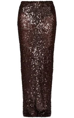 PrettyLittleThing Sequin Mesh Maxi Skirt Dark Brown