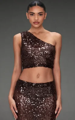 Hot PrettyLittleThing Sequin Mesh One Shoulder Top Dark Brown