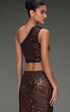 Hot PrettyLittleThing Sequin Mesh One Shoulder Top Dark Brown