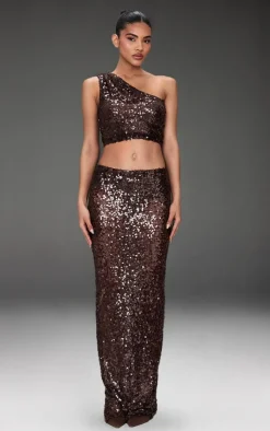 Hot PrettyLittleThing Sequin Mesh One Shoulder Top Dark Brown