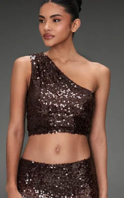 Hot PrettyLittleThing Sequin Mesh One Shoulder Top Dark Brown