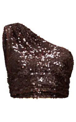 Hot PrettyLittleThing Sequin Mesh One Shoulder Top Dark Brown