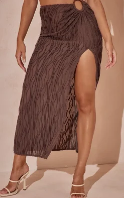 Dark Brown Textured O-ring Front Midi Skirt