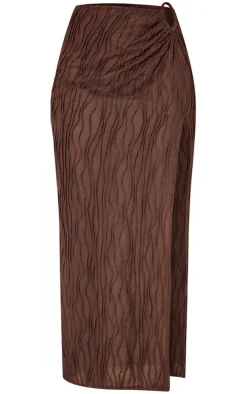 Dark Brown Textured O-ring Front Midi Skirt