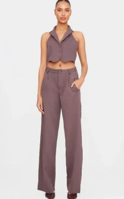 New PrettyLittleThing Woven Pleat Detail Wide Leg Pants Dark Brown