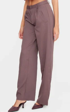 New PrettyLittleThing Woven Pleat Detail Wide Leg Pants Dark Brown