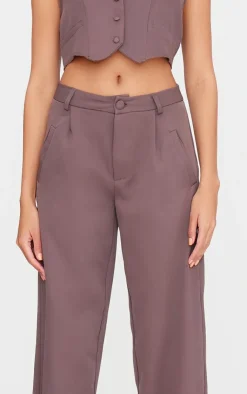 New PrettyLittleThing Woven Pleat Detail Wide Leg Pants Dark Brown