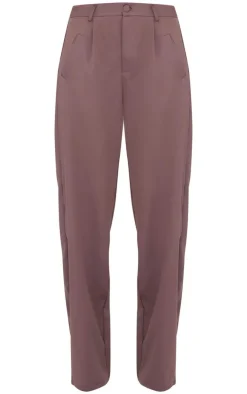 New PrettyLittleThing Woven Pleat Detail Wide Leg Pants Dark Brown