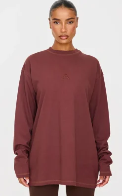 PrettyLittleThing Workout Tops*Dark Burgundy Print Oversized Long Sleeve T-Shirt