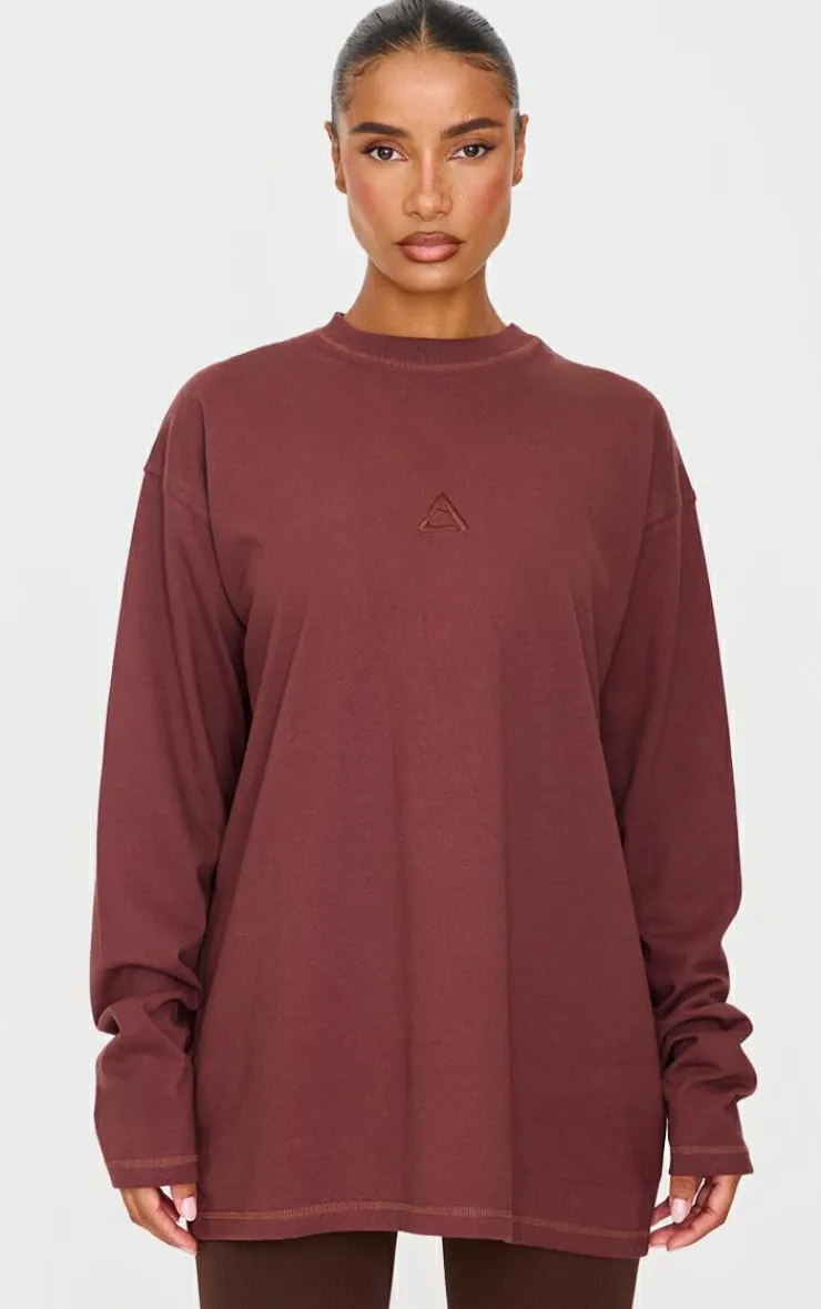 PrettyLittleThing Workout Tops*Dark Burgundy Print Oversized Long Sleeve T-Shirt