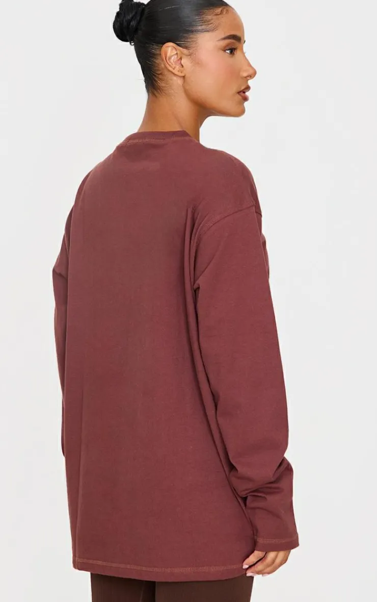 PrettyLittleThing Workout Tops*Dark Burgundy Print Oversized Long Sleeve T-Shirt