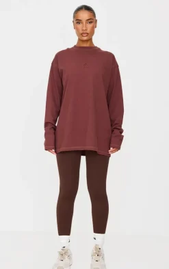 PrettyLittleThing Workout Tops*Dark Burgundy Print Oversized Long Sleeve T-Shirt