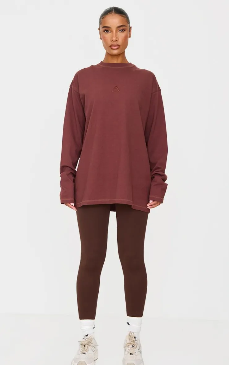 PrettyLittleThing Workout Tops*Dark Burgundy Print Oversized Long Sleeve T-Shirt