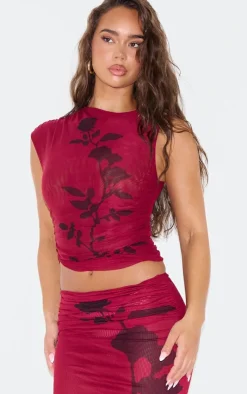 Online PrettyLittleThing Dark Burgundy Printed Mesh Ruched Long Top Dark Red