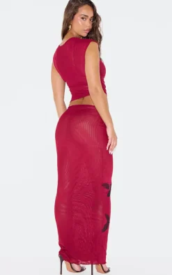 Online PrettyLittleThing Dark Burgundy Printed Mesh Ruched Long Top Dark Red