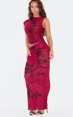 Online PrettyLittleThing Dark Burgundy Printed Mesh Ruched Long Top Dark Red