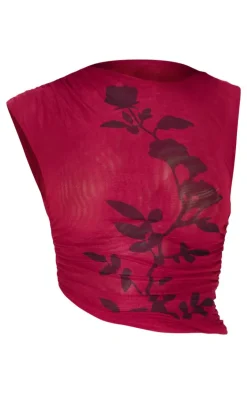 Online PrettyLittleThing Dark Burgundy Printed Mesh Ruched Long Top Dark Red