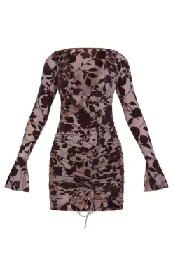 Floral Flocked Frill Detail Ruched Bodycon Dress-PrettyLittleThing Outlet