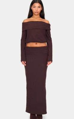Discount PrettyLittleThing Soft Rib Fold Over Maxi Skirt Dark Chocolate