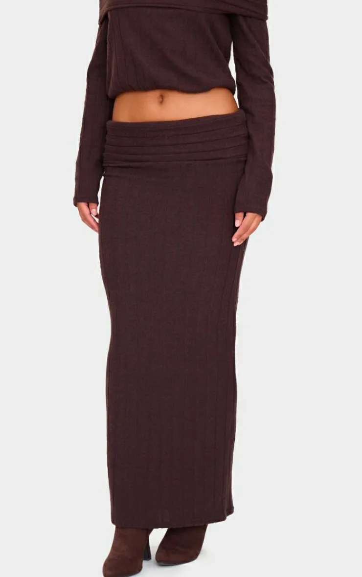 Discount PrettyLittleThing Soft Rib Fold Over Maxi Skirt Dark Chocolate
