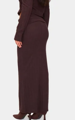 Discount PrettyLittleThing Soft Rib Fold Over Maxi Skirt Dark Chocolate