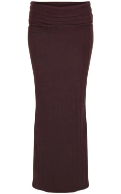 Discount PrettyLittleThing Soft Rib Fold Over Maxi Skirt Dark Chocolate