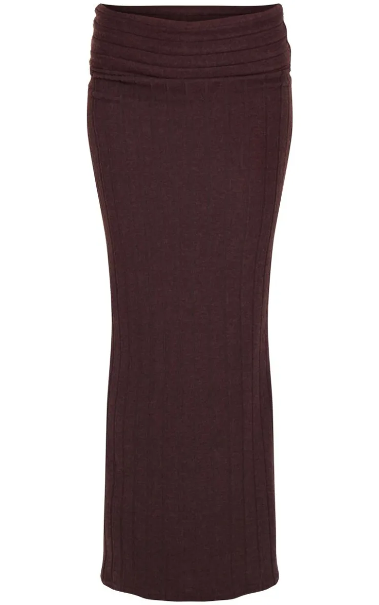 Discount PrettyLittleThing Soft Rib Fold Over Maxi Skirt Dark Chocolate