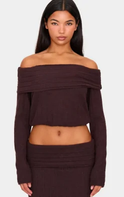 Online PrettyLittleThing Soft Rib Off The Shoulder Long Sleeve Long Top Dark Chocolate