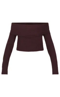 Online PrettyLittleThing Soft Rib Off The Shoulder Long Sleeve Long Top Dark Chocolate