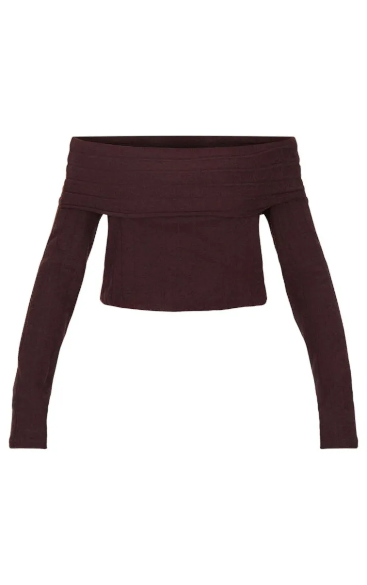 Online PrettyLittleThing Soft Rib Off The Shoulder Long Sleeve Long Top Dark Chocolate