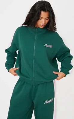 PrettyLittleThing Embroidered Athletics Contrast Panel Zip Through Sweatshirt Dark Green