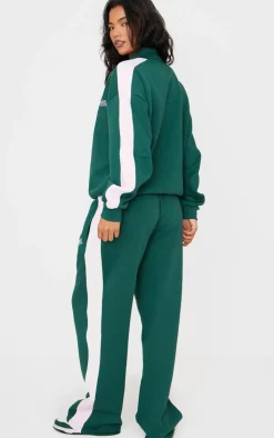 PrettyLittleThing Embroidered Athletics Contrast Panel Zip Through Sweatshirt Dark Green