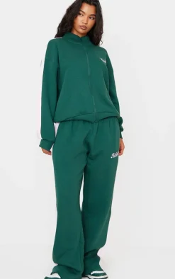 PrettyLittleThing Embroidered Athletics Contrast Panel Zip Through Sweatshirt Dark Green