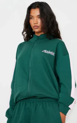 PrettyLittleThing Embroidered Athletics Contrast Panel Zip Through Sweatshirt Dark Green