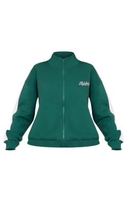 PrettyLittleThing Embroidered Athletics Contrast Panel Zip Through Sweatshirt Dark Green